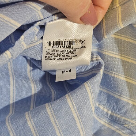 Uniqlo Women's Shirt L Blue Linen Blend Band Collar 3/4 Sleeve Striped Scandi - Picture 4 of 9